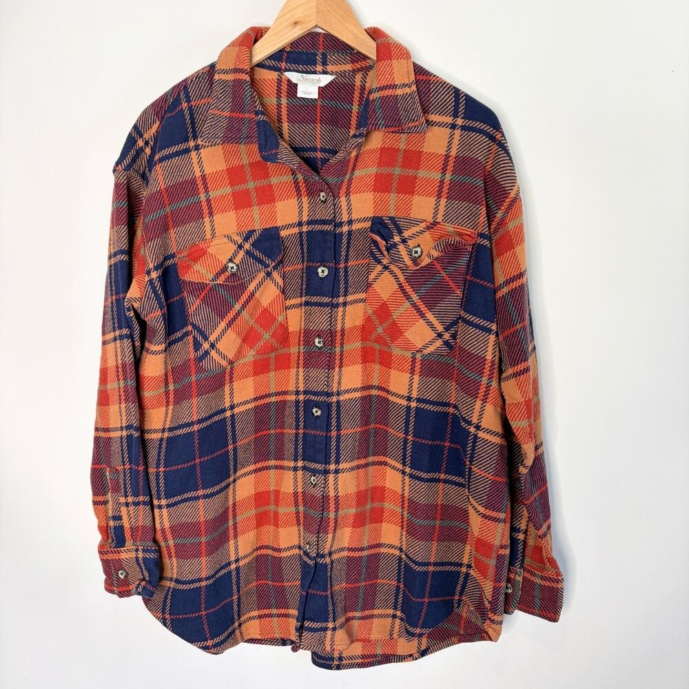 Naturals Reflections Plaid Shirt Thick Orange Blue Long Sleeve Oversized Women L